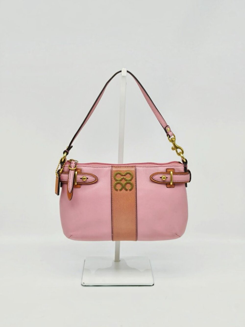 Coach Pink Leather Shoulder Bag Brass C Logo Hobo Purse Small Zip Top Handbag